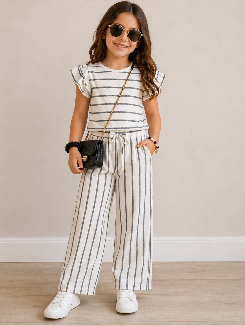 Btween Girls Size 7 Outfit 2 Piece Set Striped Top Straight Leg Pants